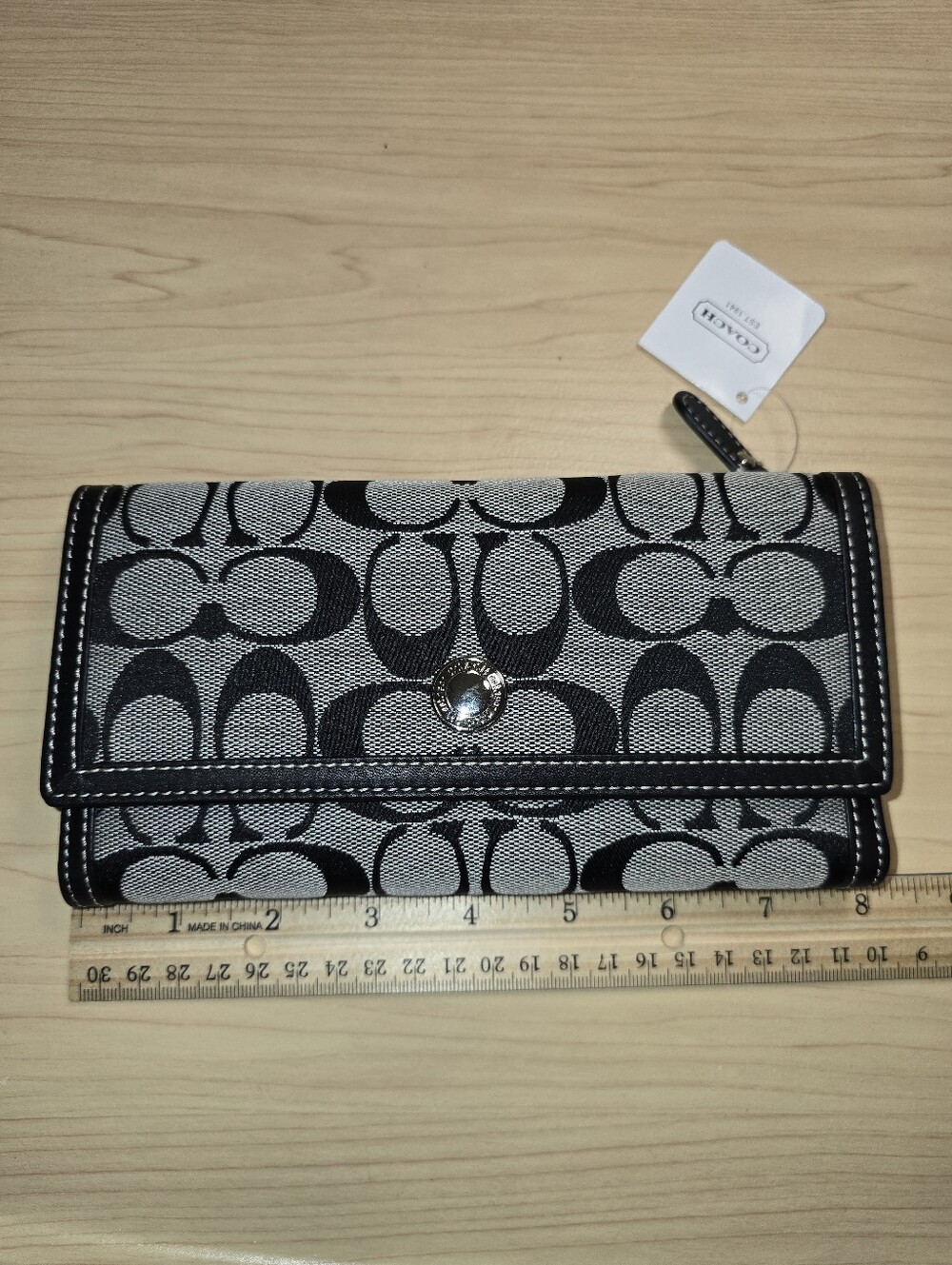 COACH F42986 Hampton Signature Jacquard Black Leather Trifold Wallet Checkbook - Picture 3 of 15